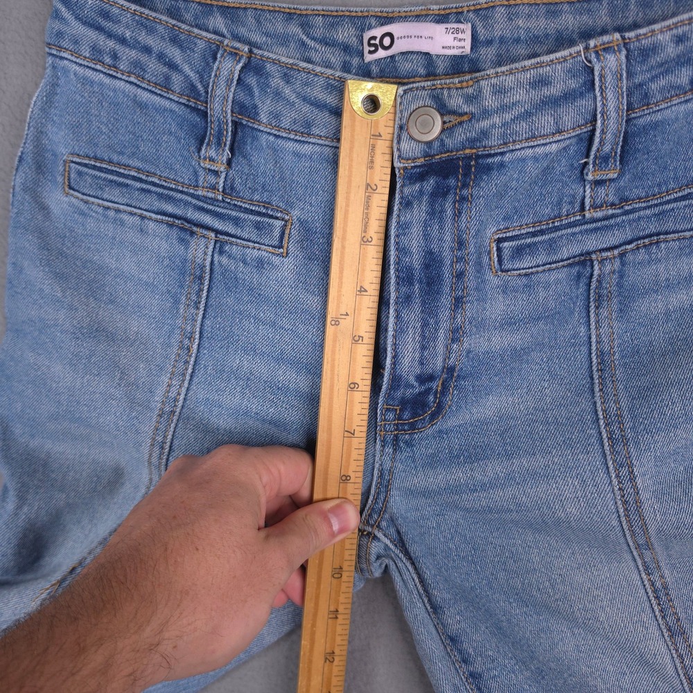 SO Flare Jeans High Rise Raw Hem Seam Front Light Wash Blue Size 7/28W Cotton - Picture 7 of 10